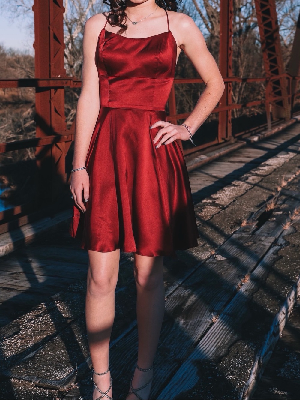 Sherri Hill Burgundy Satin Mini Dress with Spaghetti Straps